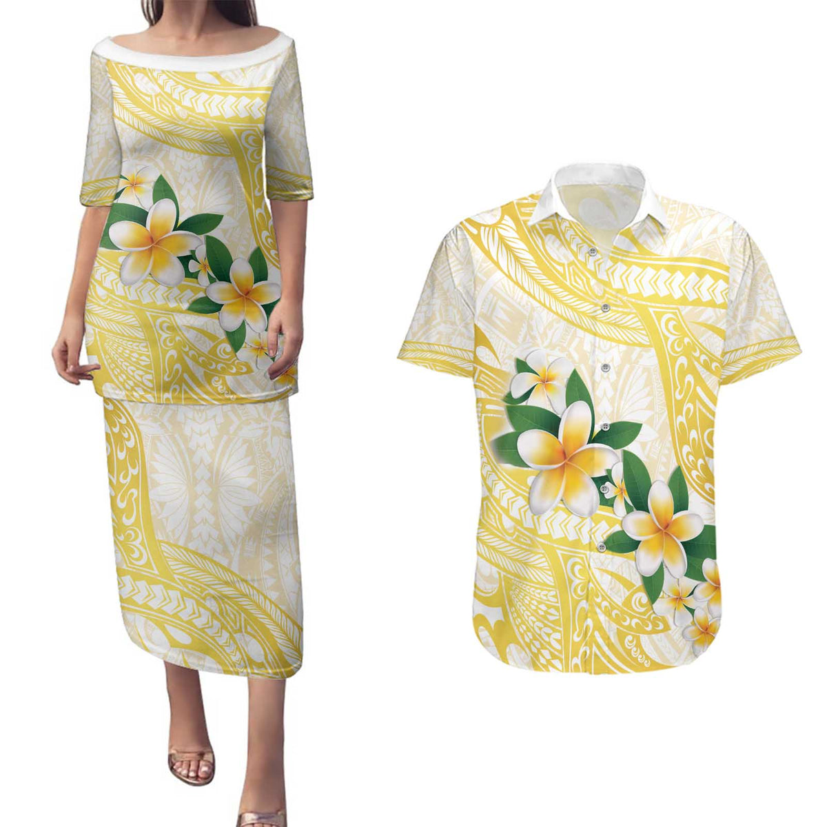 Gold And White Polynesia Plumeria Couples Matching Puletasi and Hawaiian Shirt Curves Tropical Vibes LT14 Gold - Polynesian Pride