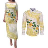 Gold And White Polynesia Plumeria Couples Matching Puletasi and Long Sleeve Button Shirt Curves Tropical Vibes LT14 Gold - Polynesian Pride