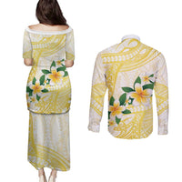 Gold And White Polynesia Plumeria Couples Matching Puletasi and Long Sleeve Button Shirt Curves Tropical Vibes LT14 - Polynesian Pride