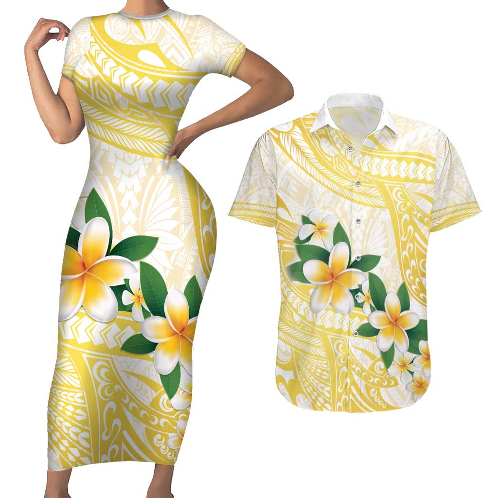 Gold And White Polynesia Plumeria Couples Matching Short Sleeve Bodycon Dress and Hawaiian Shirt Curves Tropical Vibes