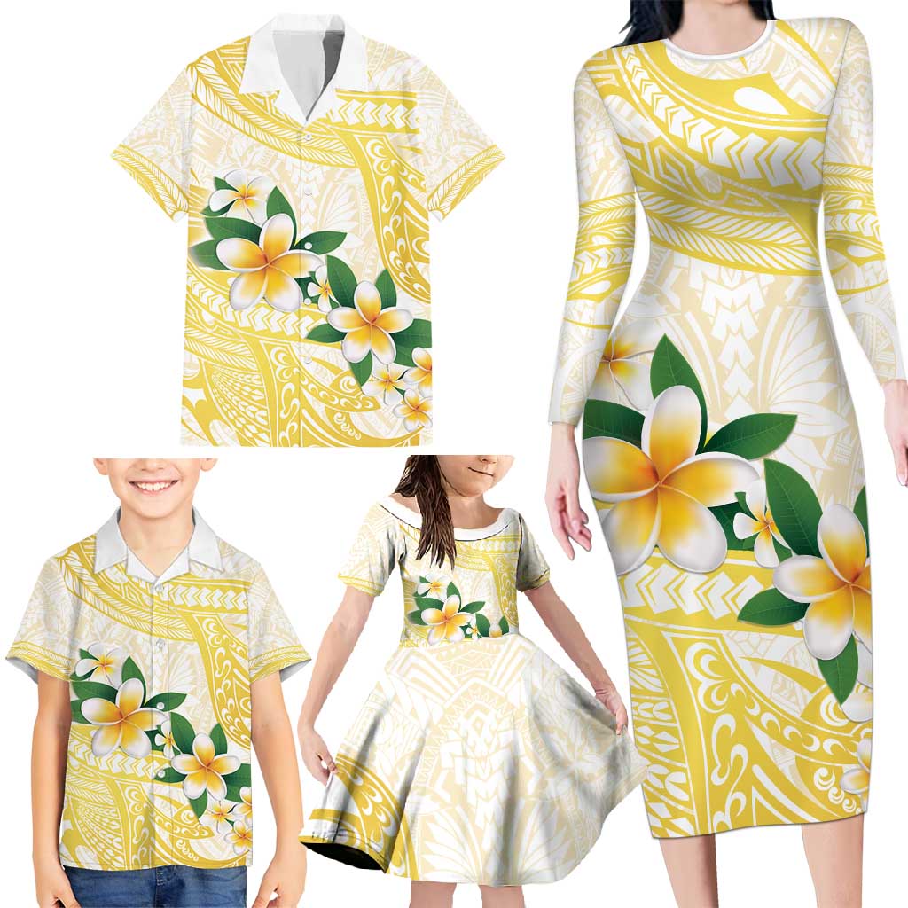 Gold And White Polynesia Plumeria Family Matching Long Sleeve Bodycon Dress and Hawaiian Shirt Curves Tropical Vibes