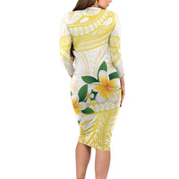 Gold And White Polynesia Plumeria Family Matching Long Sleeve Bodycon Dress and Hawaiian Shirt Curves Tropical Vibes