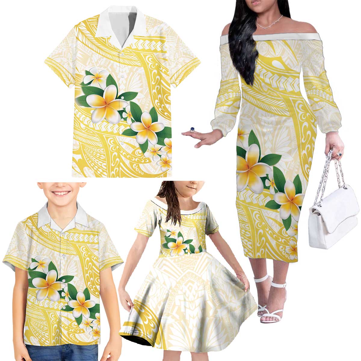 Gold And White Polynesia Plumeria Family Matching Off The Shoulder Long Sleeve Dress and Hawaiian Shirt Curves Tropical Vibes