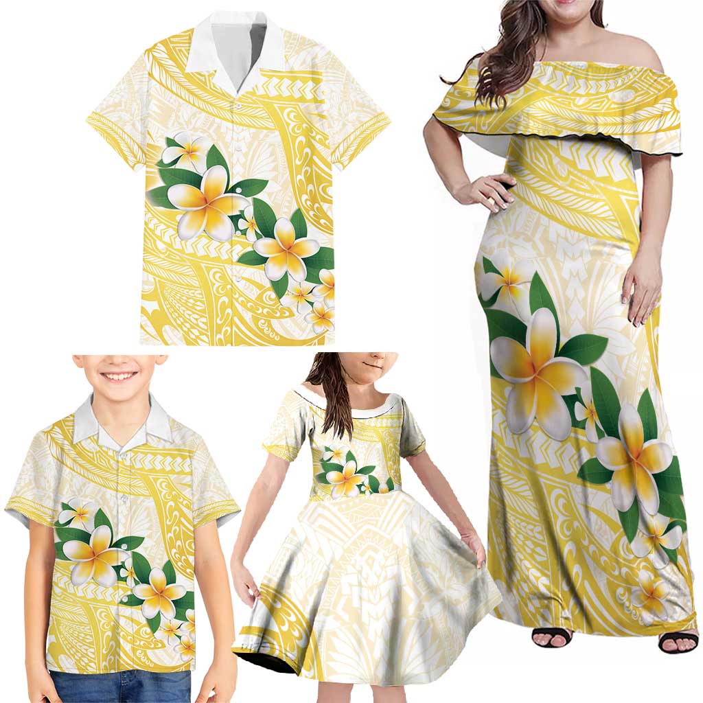 Gold And White Polynesia Plumeria Family Matching Off Shoulder Maxi Dress and Hawaiian Shirt Curves Tropical Vibes