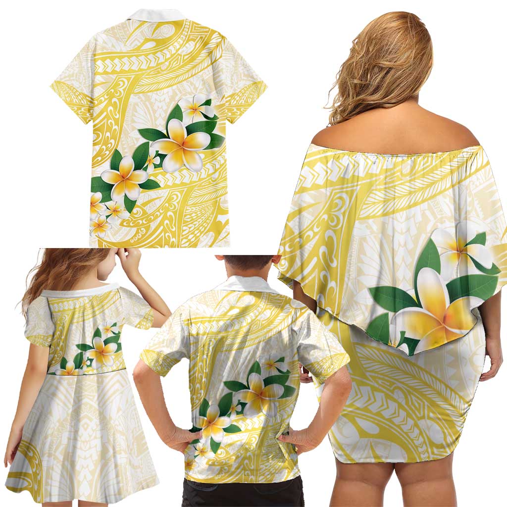 Gold And White Polynesia Plumeria Family Matching Off Shoulder Short Dress and Hawaiian Shirt Curves Tropical Vibes