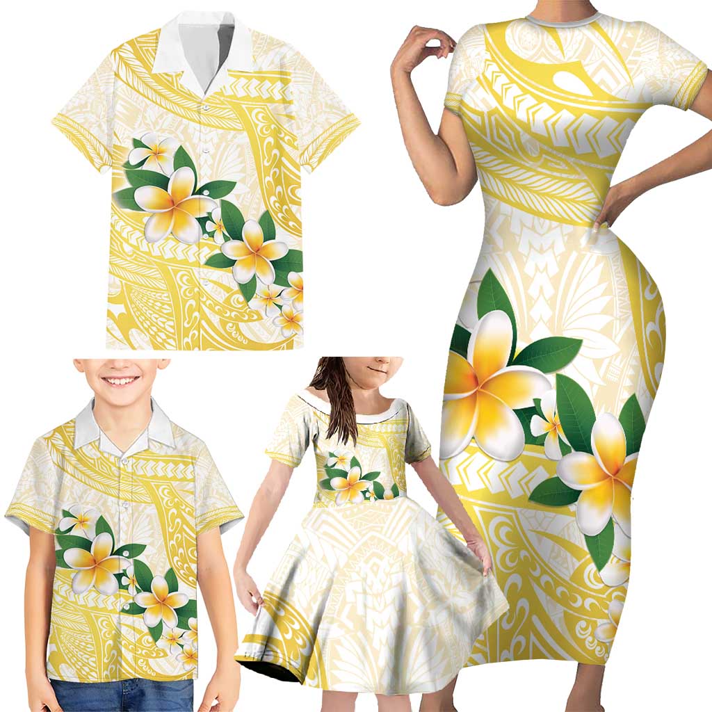 Gold And White Polynesia Plumeria Family Matching Short Sleeve Bodycon Dress and Hawaiian Shirt Curves Tropical Vibes