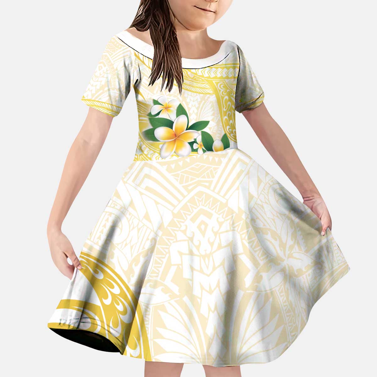 Gold And White Polynesia Plumeria Kid Short Sleeve Dress Curves Tropical Vibes
