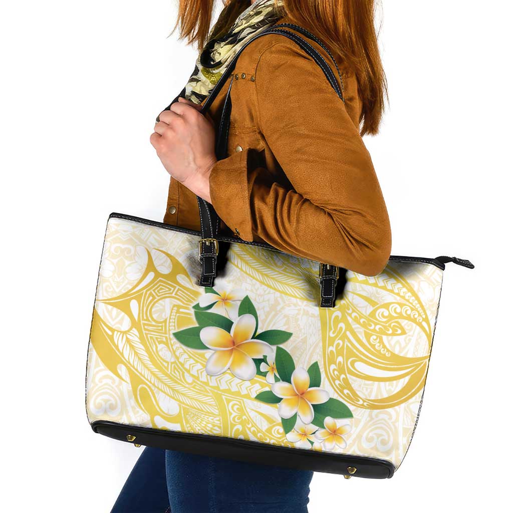 Gold And White Polynesia Plumeria Leather Tote Bag Curves Tropical Vibes LT14 Gold - Polynesian Pride