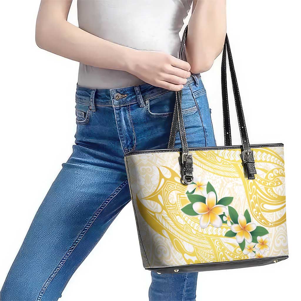 Gold And White Polynesia Plumeria Leather Tote Bag Curves Tropical Vibes LT14 - Polynesian Pride