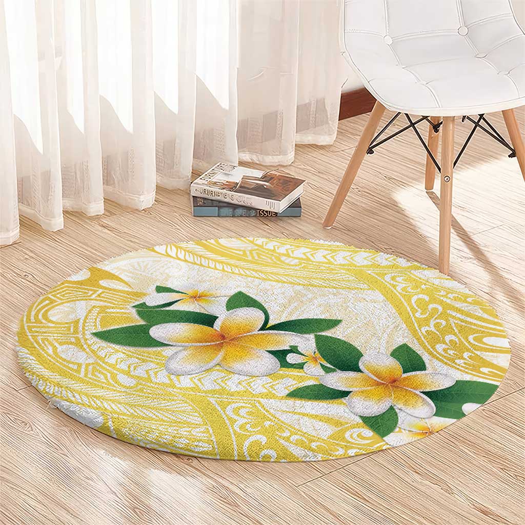 Gold And White Polynesia Plumeria Round Carpet Curves Tropical Vibes