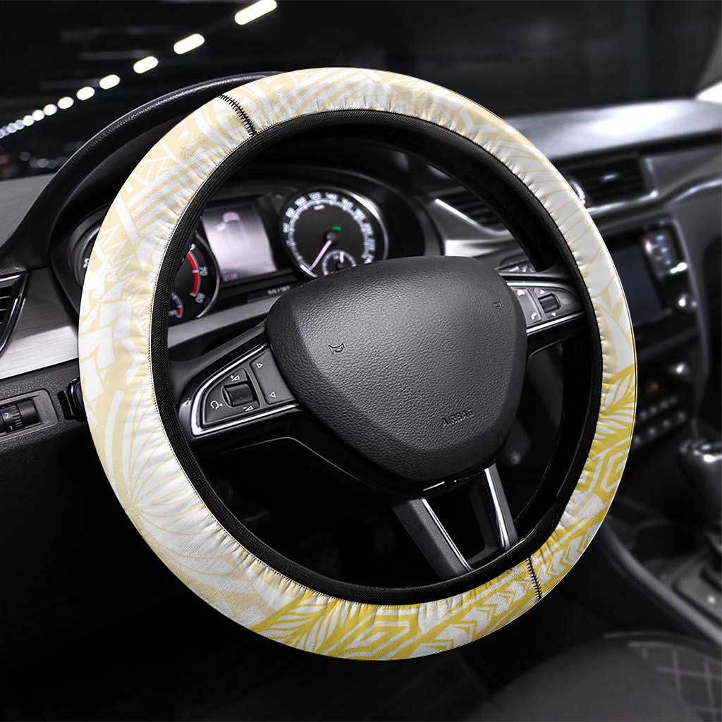 Gold And White Polynesia Plumeria Steering Wheel Cover Curves Tropical Vibes LT14 Universal Fit Gold - Polynesian Pride