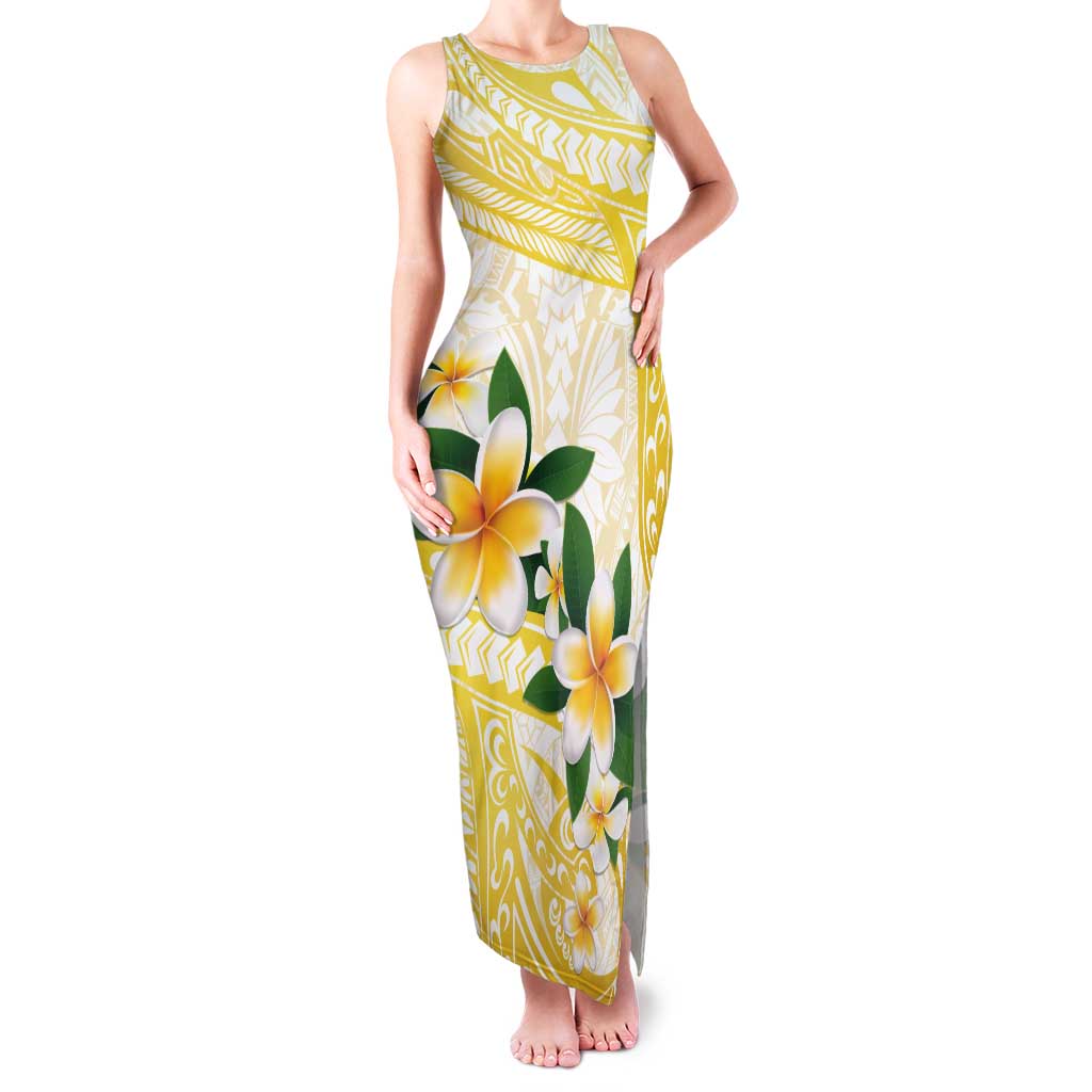 Gold And White Polynesia Plumeria Tank Maxi Dress Curves Tropical Vibes LT14 Women Gold - Polynesian Pride