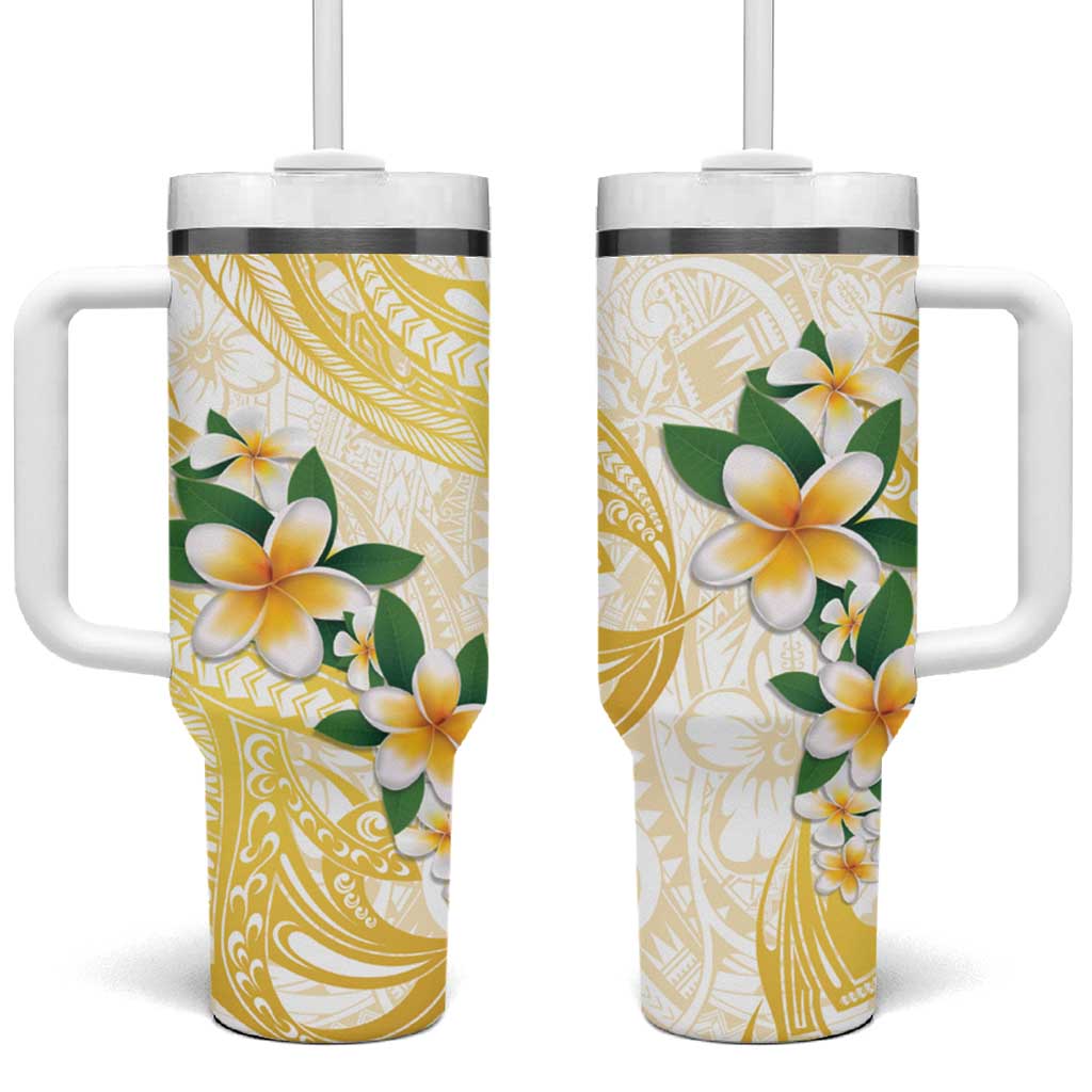 Gold And White Polynesia Plumeria Tumbler With Handle Curves Tropical Vibes