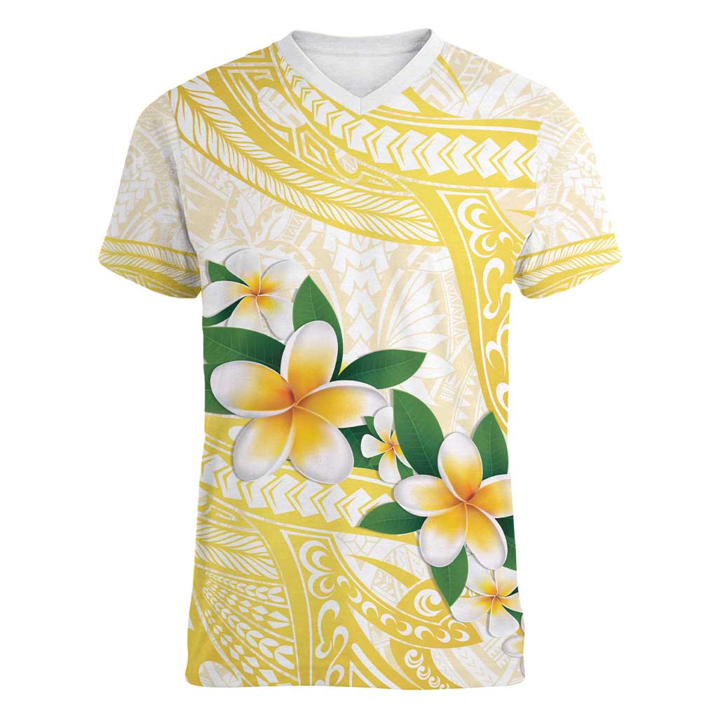 Gold And White Polynesia Plumeria Women V-Neck T-Shirt Curves Tropical Vibes LT14 Female Gold - Polynesian Pride