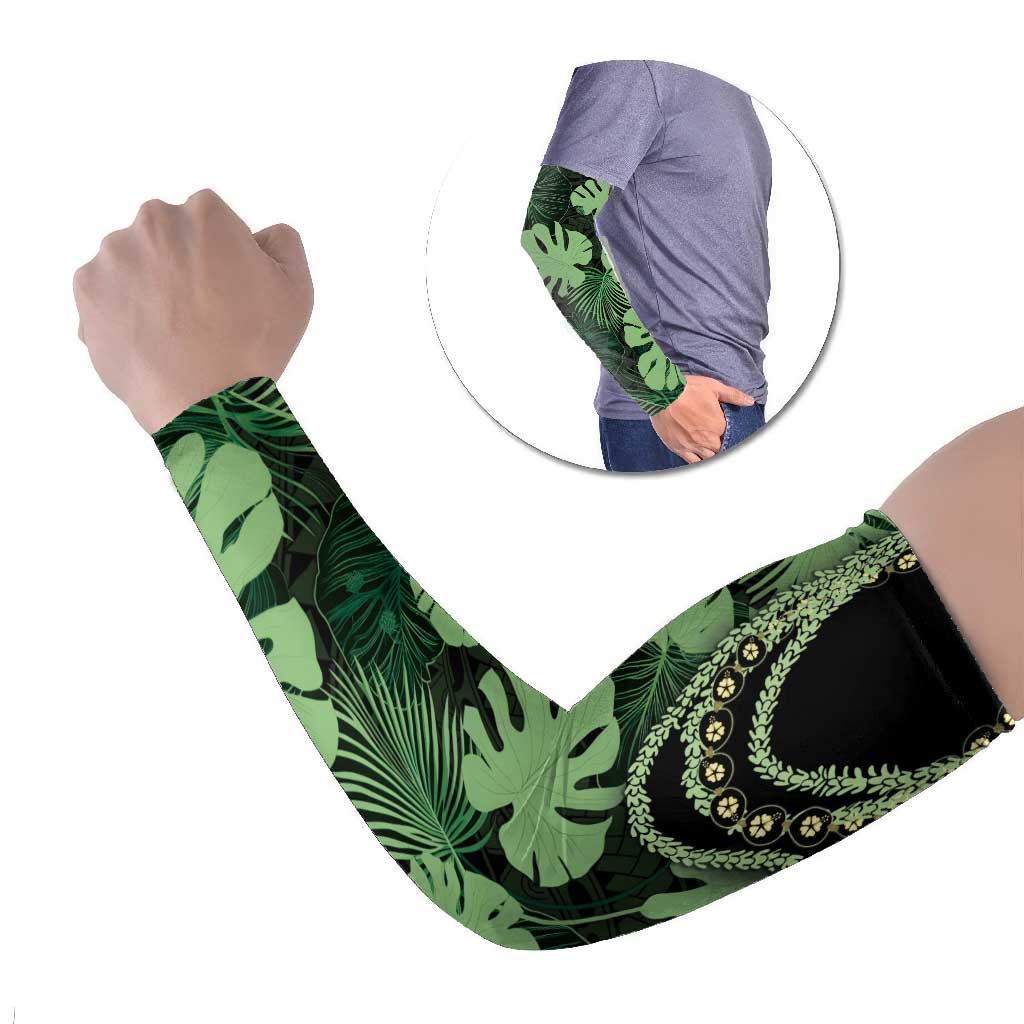 Green Hawaii Kukui Nut Lei Arm Sleeves Hawaiian Pattern Monstera Tropical Vibes LT14 Set of 2 Green - Polynesian Pride
