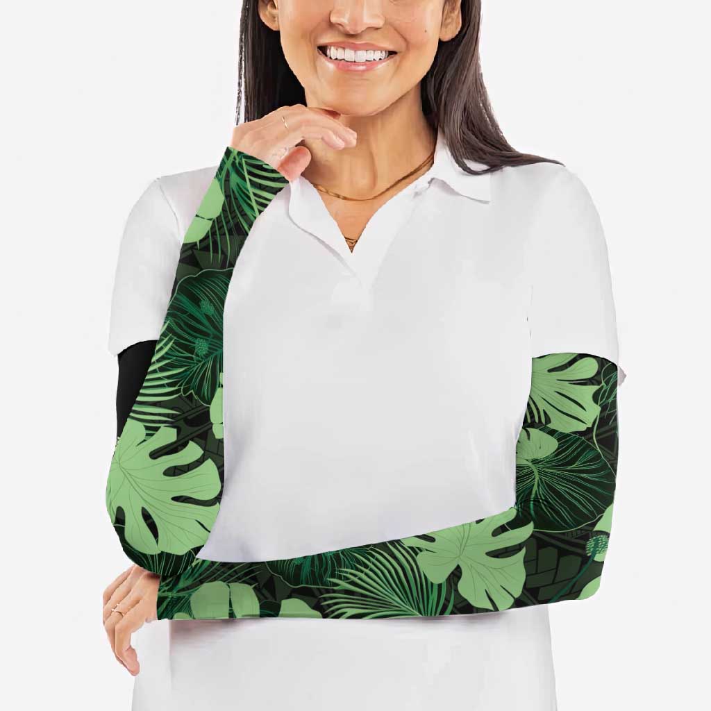 Green Hawaii Kukui Nut Lei Arm Sleeves Hawaiian Pattern Monstera Tropical Vibes LT14 - Polynesian Pride