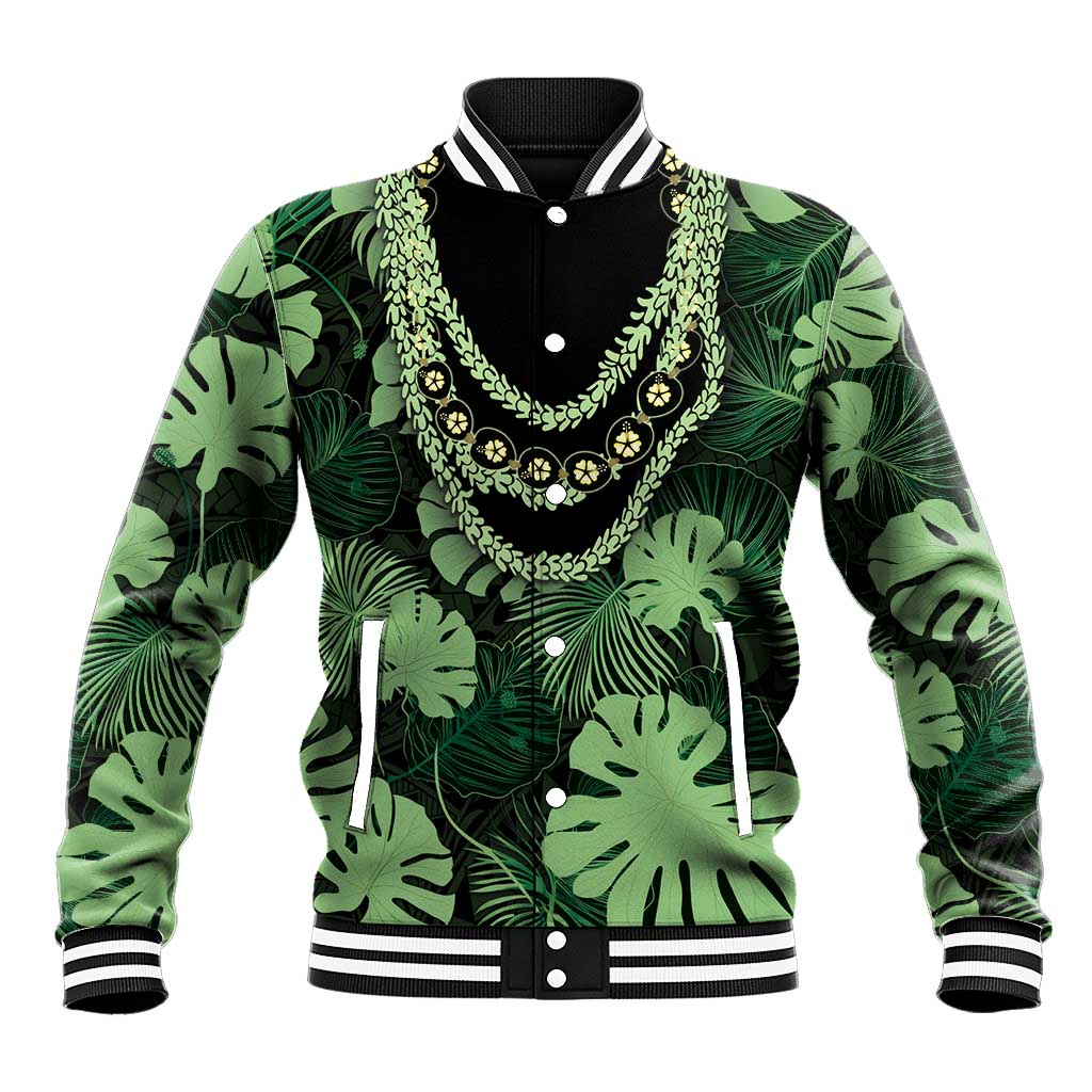 Green Hawaii Kukui Nut Lei Baseball Jacket Hawaiian Pattern Monstera Tropical Vibes LT14 Unisex Green - Polynesian Pride