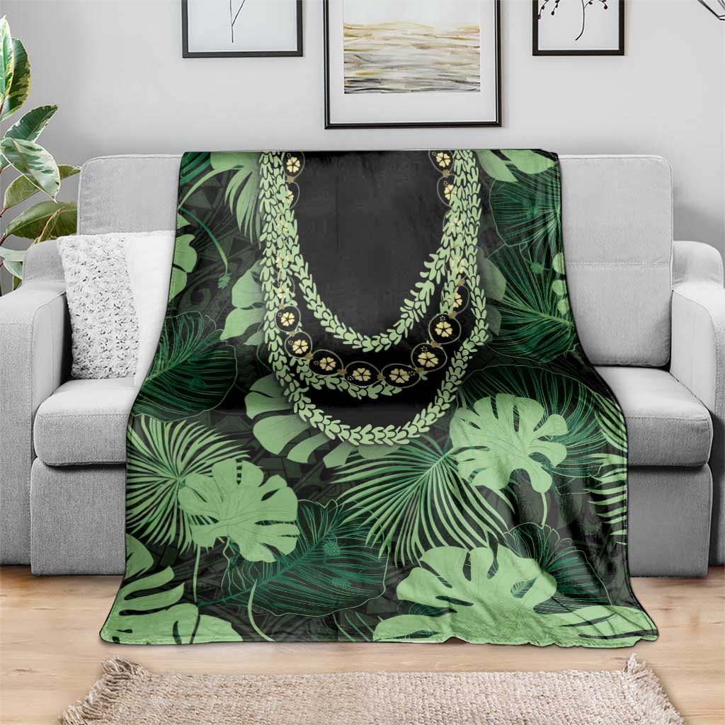 Green Hawaii Kukui Nut Lei Blanket Hawaiian Pattern Monstera Tropical Vibes - Polynesian Pride