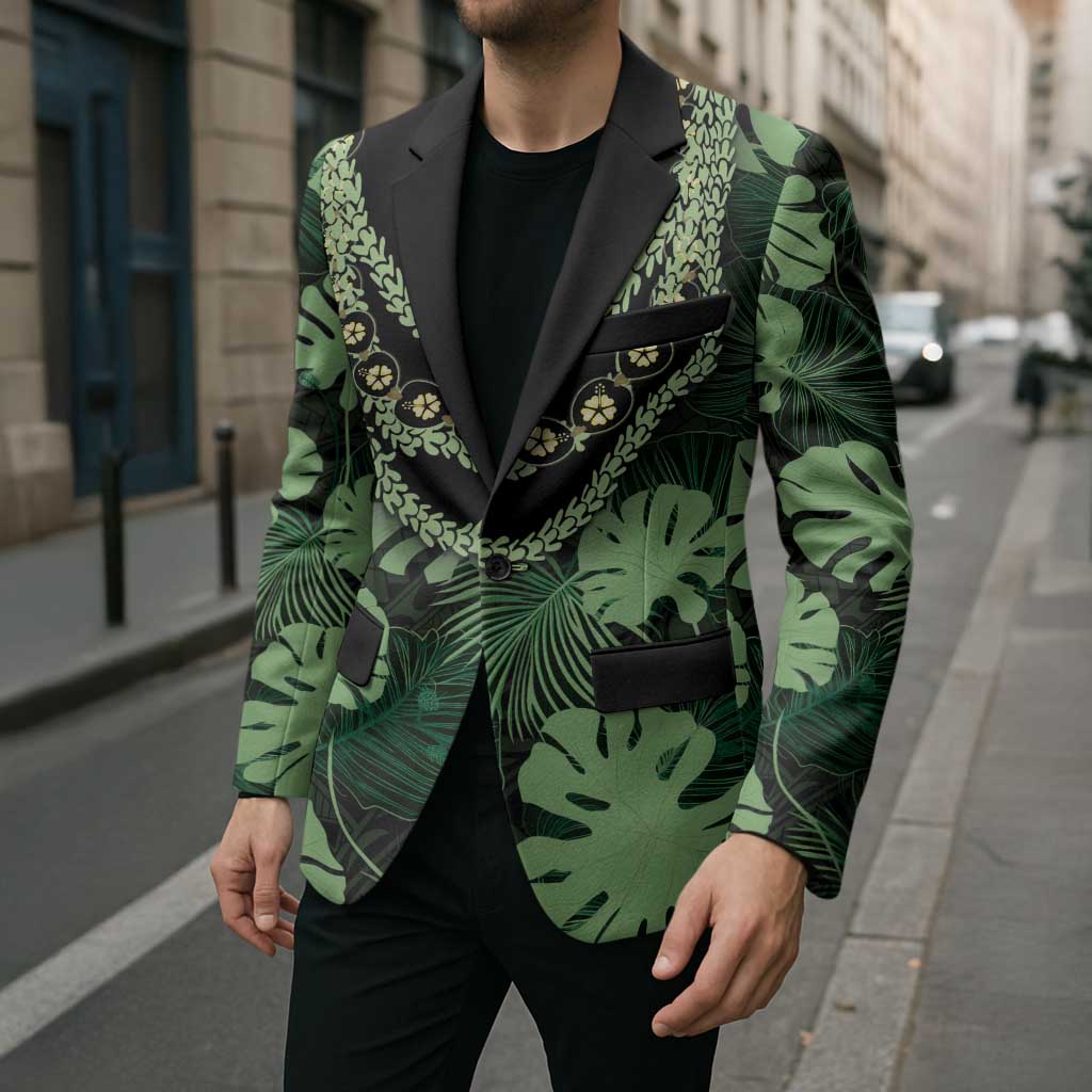 Green Hawaii Kukui Nut Lei Blazer Hawaiian Pattern Monstera Tropical Vibes - Polynesian Pride