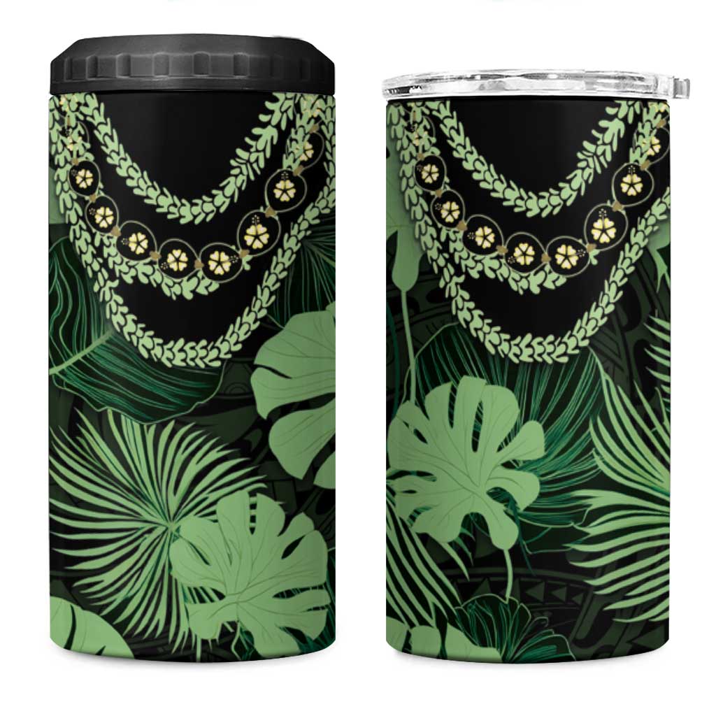 Green Hawaii Kukui Nut Lei 4 in 1 Can Cooler Tumbler Hawaiian Pattern Monstera Tropical Vibes - Polynesian Pride
