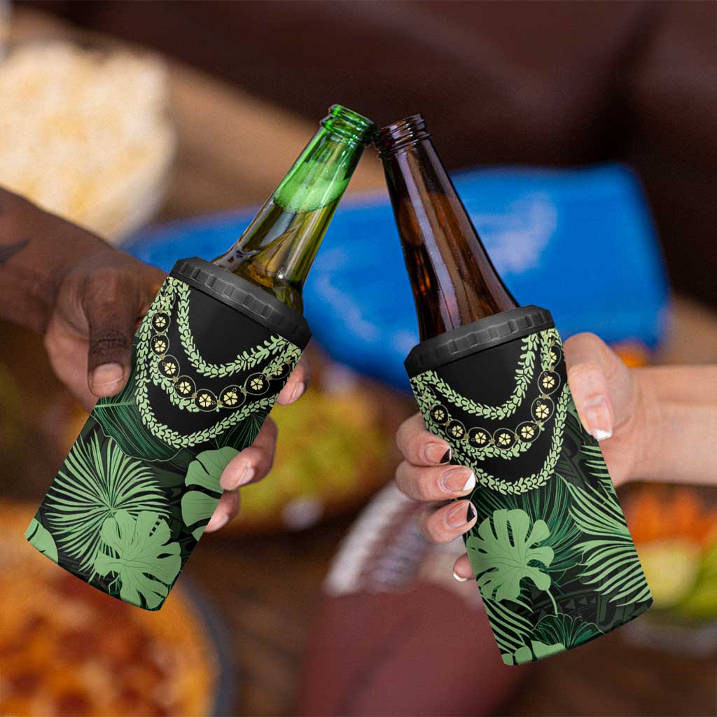 Green Hawaii Kukui Nut Lei 4 in 1 Can Cooler Tumbler Hawaiian Pattern Monstera Tropical Vibes - Polynesian Pride