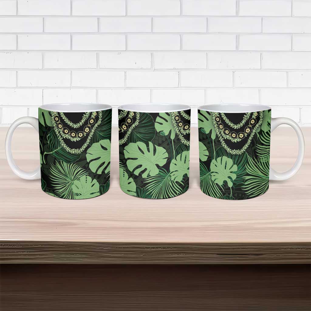 Green Hawaii Kukui Nut Lei Ceramic Mug Hawaiian Pattern Monstera Tropical Vibes - Polynesian Pride