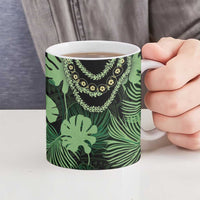 Green Hawaii Kukui Nut Lei Ceramic Mug Hawaiian Pattern Monstera Tropical Vibes - Polynesian Pride