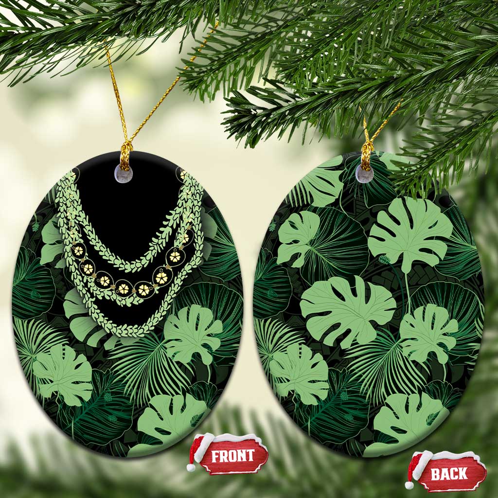 Green Hawaii Kukui Nut Lei Ceramic Ornament Hawaiian Pattern Monstera Tropical Vibes - Polynesian Pride
