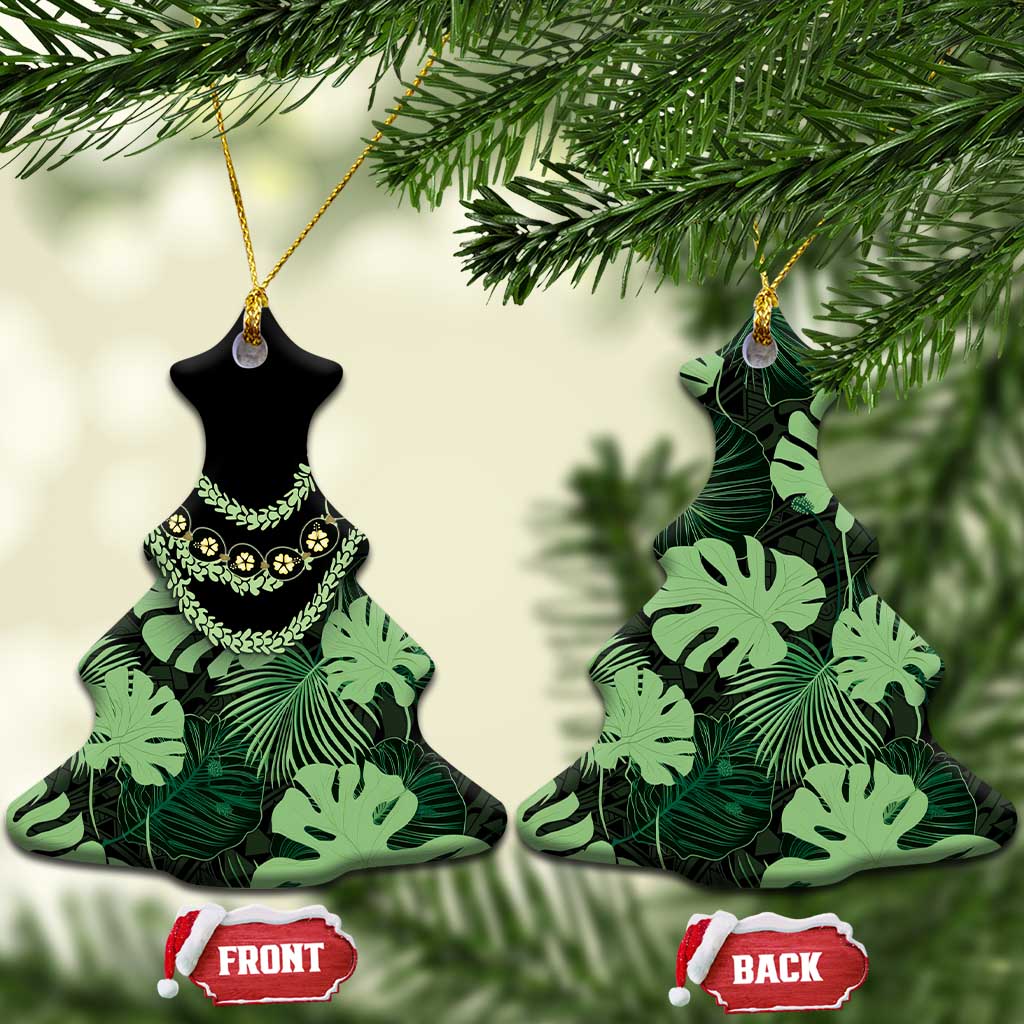 Green Hawaii Kukui Nut Lei Ceramic Ornament Hawaiian Pattern Monstera Tropical Vibes - Polynesian Pride