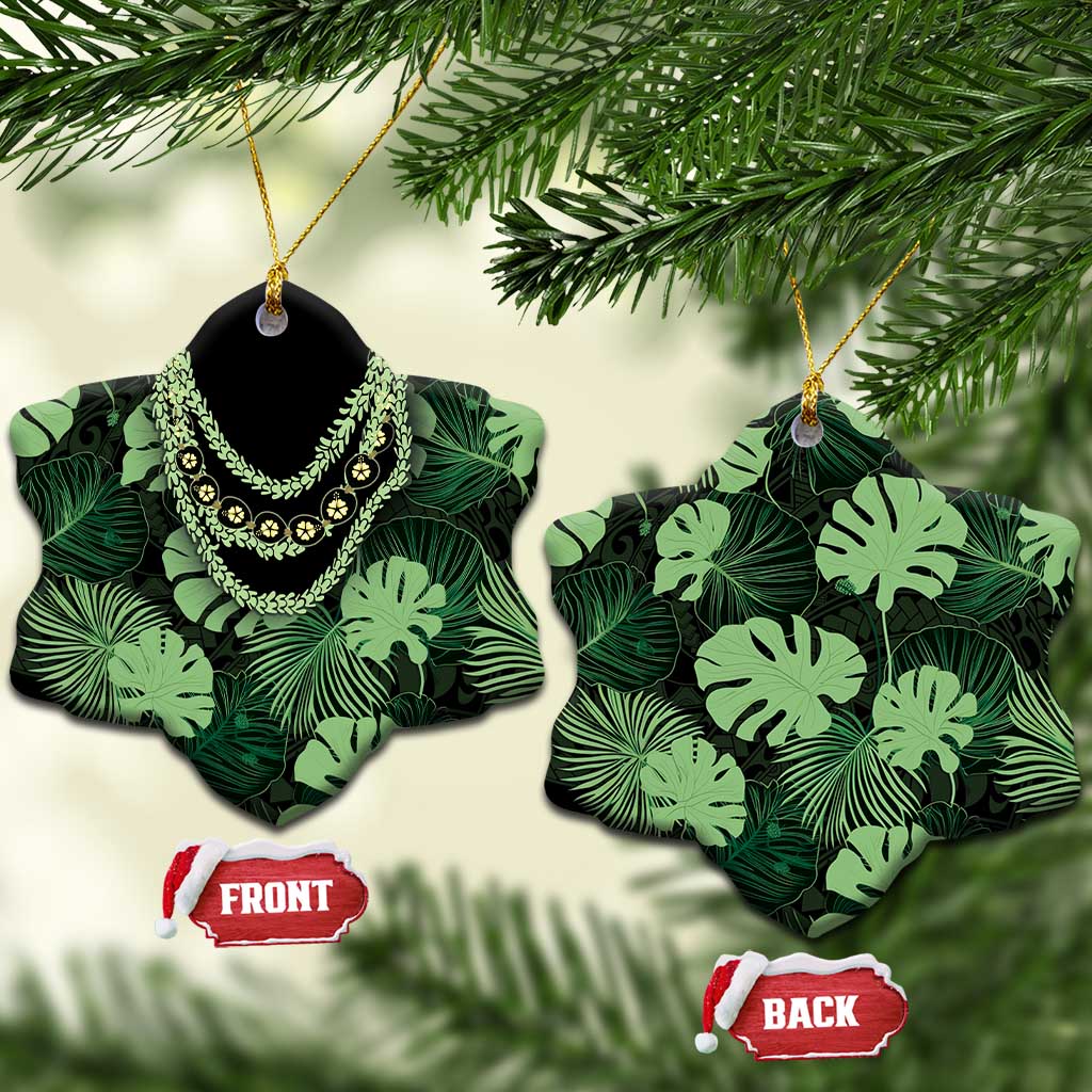 Green Hawaii Kukui Nut Lei Ceramic Ornament Hawaiian Pattern Monstera Tropical Vibes - Polynesian Pride