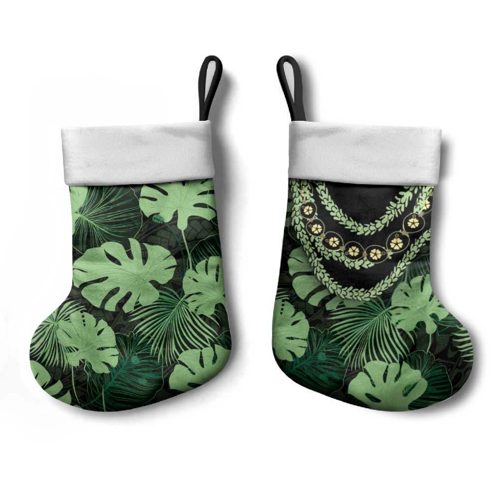 Green Hawaii Kukui Nut Lei Christmas Stocking Hawaiian Pattern Monstera Tropical Vibes - Polynesian Pride