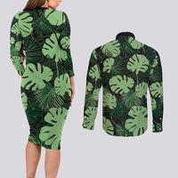 Green Hawaii Kukui Nut Lei Couples Matching Long Sleeve Bodycon Dress and Long Sleeve Button Shirt Hawaiian Pattern Monstera Tropical Vibes - Polynesian Pride
