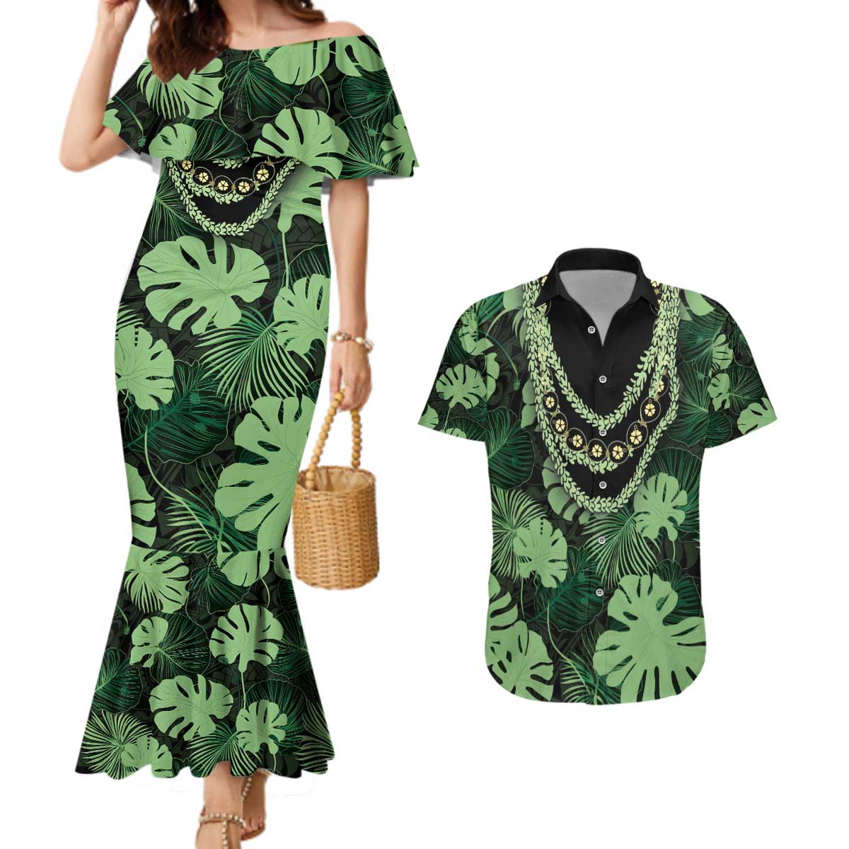 Green Hawaii Kukui Nut Lei Couples Matching Mermaid Dress and Hawaiian Shirt Hawaiian Pattern Monstera Tropical Vibes - Polynesian Pride