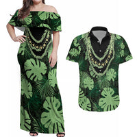 Green Hawaii Kukui Nut Lei Couples Matching Off Shoulder Maxi Dress and Hawaiian Shirt Hawaiian Pattern Monstera Tropical Vibes - Polynesian Pride