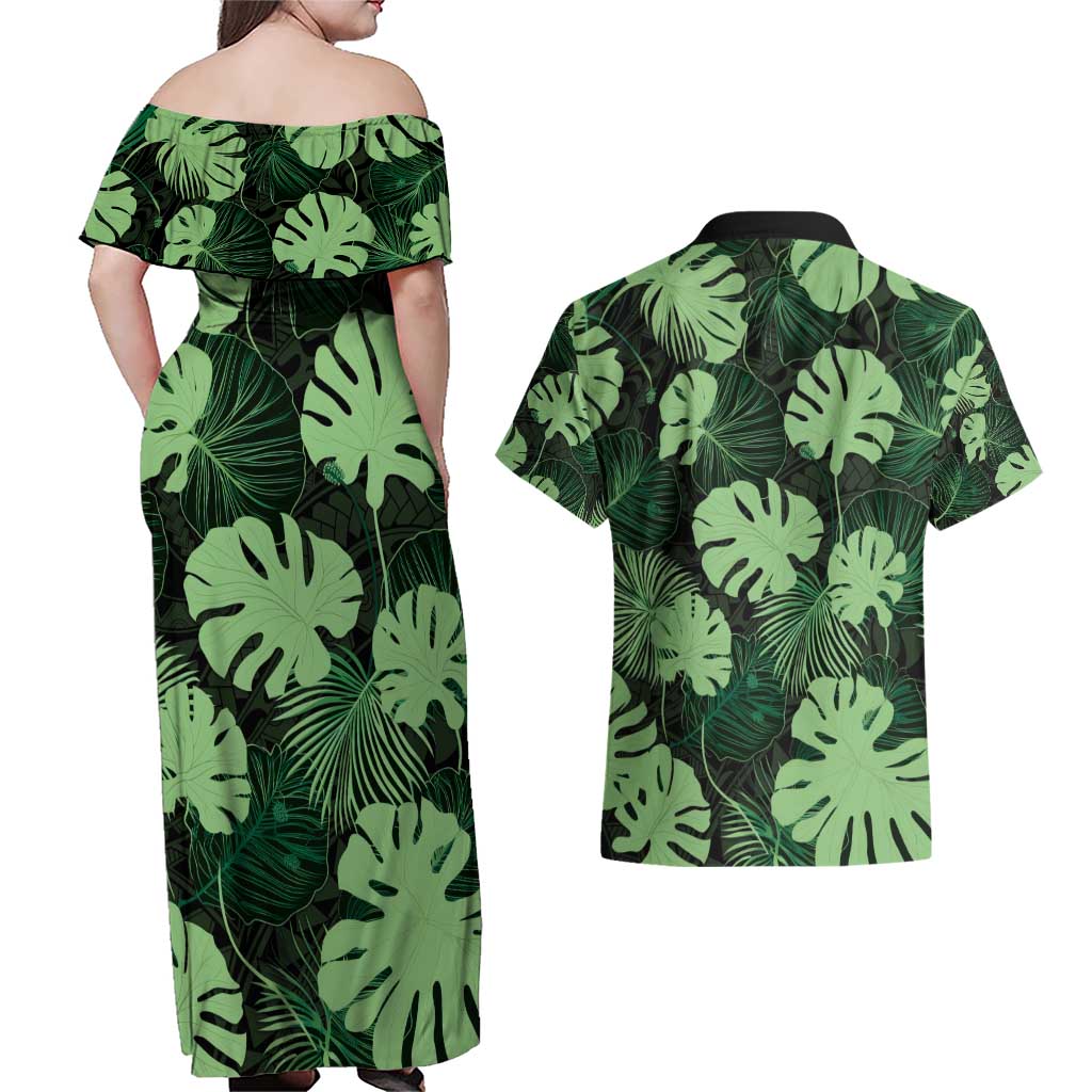 Green Hawaii Kukui Nut Lei Couples Matching Off Shoulder Maxi Dress and Hawaiian Shirt Hawaiian Pattern Monstera Tropical Vibes - Polynesian Pride