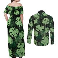 Green Hawaii Kukui Nut Lei Couples Matching Off Shoulder Maxi Dress and Long Sleeve Button Shirt Hawaiian Pattern Monstera Tropical Vibes - Polynesian Pride