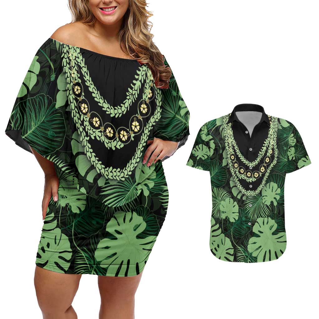 Green Hawaii Kukui Nut Lei Couples Matching Off Shoulder Short Dress and Hawaiian Shirt Hawaiian Pattern Monstera Tropical Vibes - Polynesian Pride