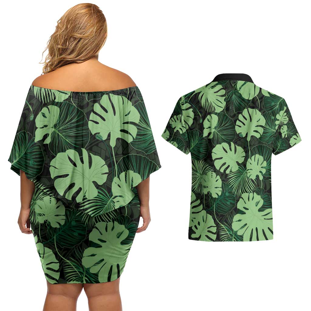 Green Hawaii Kukui Nut Lei Couples Matching Off Shoulder Short Dress and Hawaiian Shirt Hawaiian Pattern Monstera Tropical Vibes - Polynesian Pride