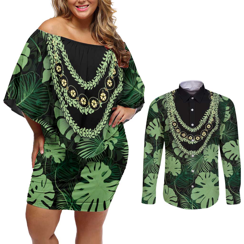 Green Hawaii Kukui Nut Lei Couples Matching Off Shoulder Short Dress and Long Sleeve Button Shirt Hawaiian Pattern Monstera Tropical Vibes - Polynesian Pride