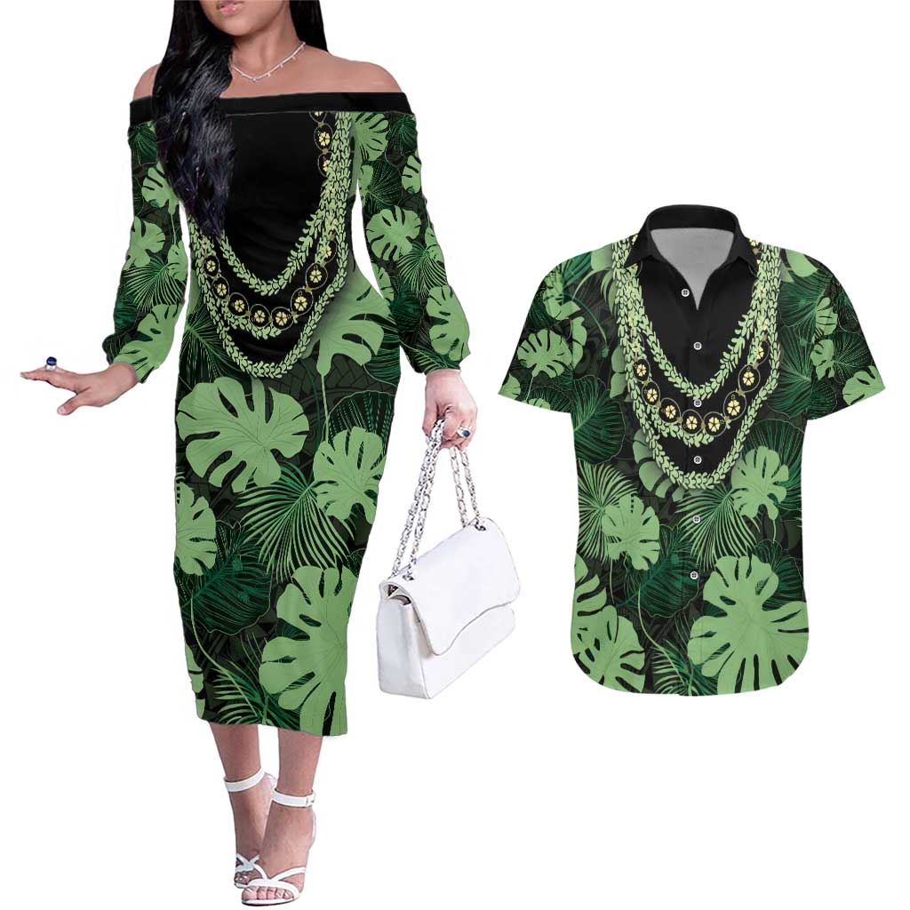 Green Hawaii Kukui Nut Lei Couples Matching Off The Shoulder Long Sleeve Dress and Hawaiian Shirt Hawaiian Pattern Monstera Tropical Vibes - Polynesian Pride