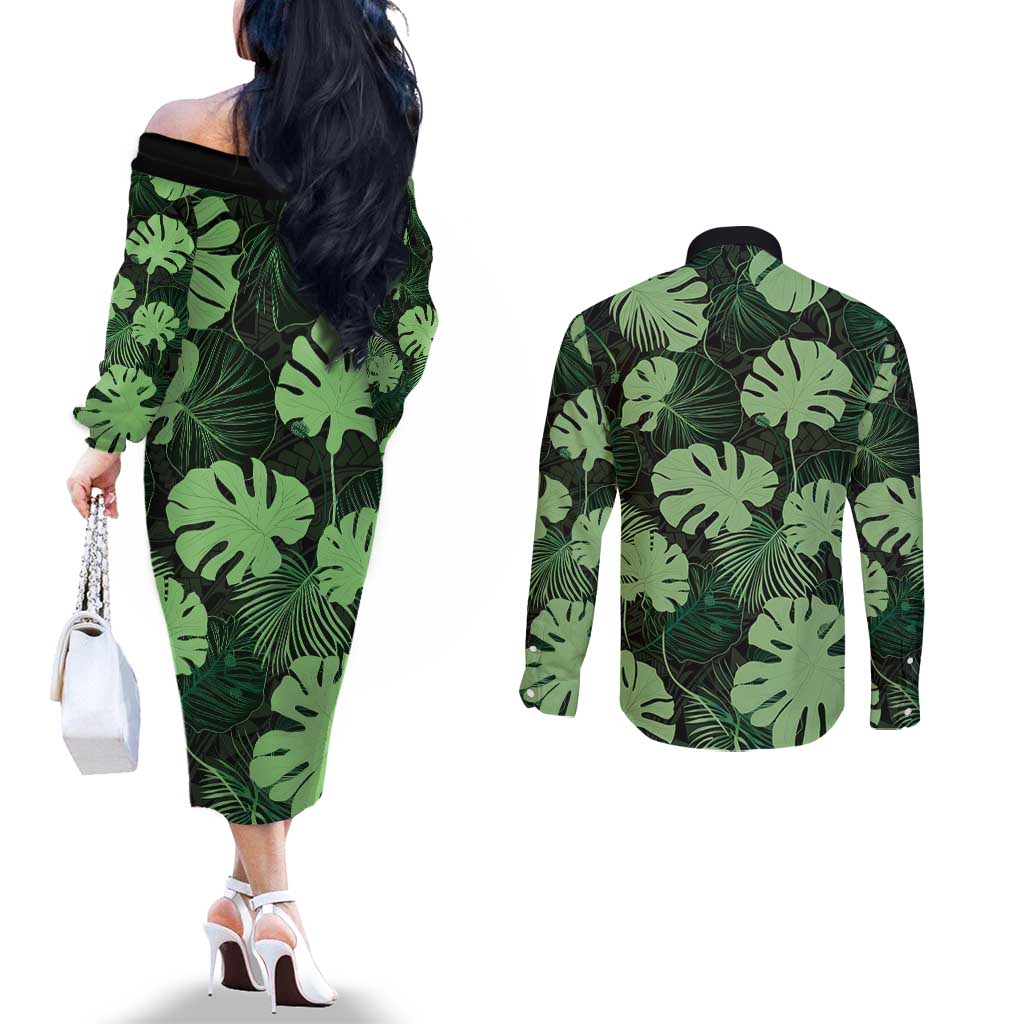 Green Hawaii Kukui Nut Lei Couples Matching Off The Shoulder Long Sleeve Dress and Long Sleeve Button Shirt Hawaiian Pattern Monstera Tropical Vibes - Polynesian Pride