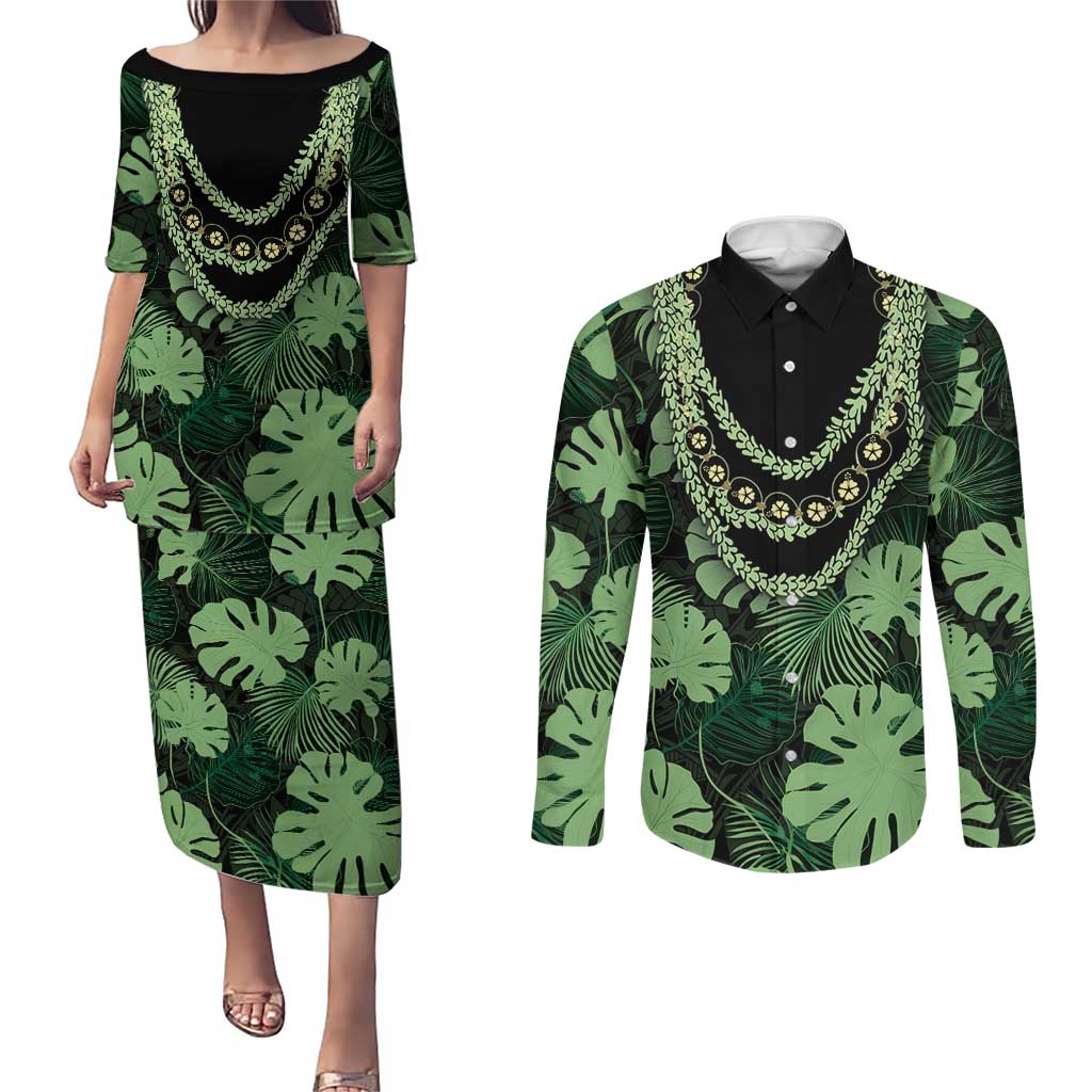 Green Hawaii Kukui Nut Lei Couples Matching Puletasi and Long Sleeve Button Shirt Hawaiian Pattern Monstera Tropical Vibes LT14 Green - Polynesian Pride