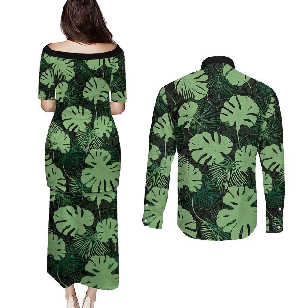 Green Hawaii Kukui Nut Lei Couples Matching Puletasi and Long Sleeve Button Shirt Hawaiian Pattern Monstera Tropical Vibes - Polynesian Pride