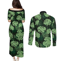 Green Hawaii Kukui Nut Lei Couples Matching Puletasi and Long Sleeve Button Shirt Hawaiian Pattern Monstera Tropical Vibes - Polynesian Pride