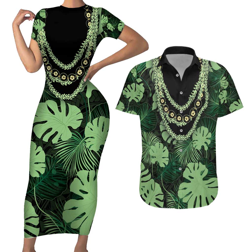 Green Hawaii Kukui Nut Lei Couples Matching Short Sleeve Bodycon Dress and Hawaiian Shirt Hawaiian Pattern Monstera Tropical Vibes - Polynesian Pride