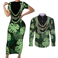 Green Hawaii Kukui Nut Lei Couples Matching Short Sleeve Bodycon Dress and Long Sleeve Button Shirt Hawaiian Pattern Monstera Tropical Vibes - Polynesian Pride