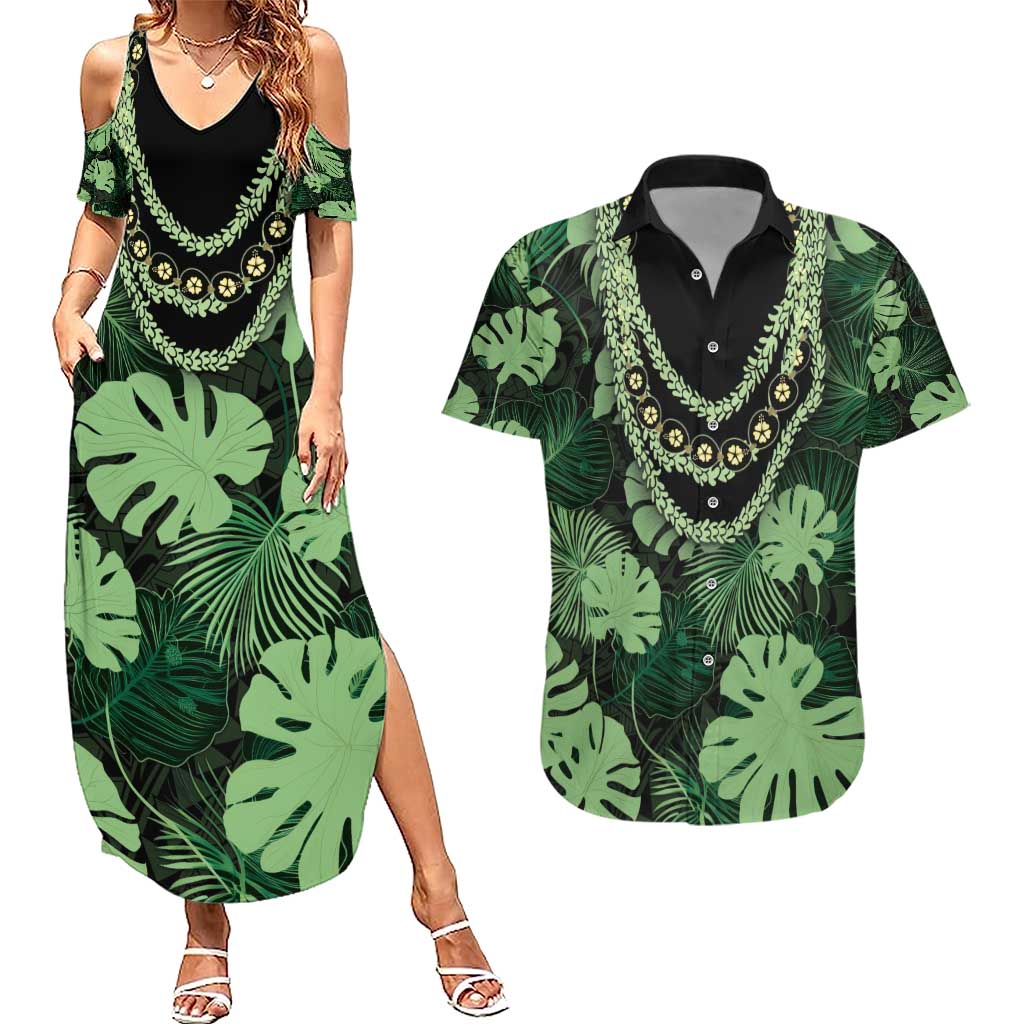 Green Hawaii Kukui Nut Lei Couples Matching Summer Maxi Dress and Hawaiian Shirt Hawaiian Pattern Monstera Tropical Vibes - Polynesian Pride