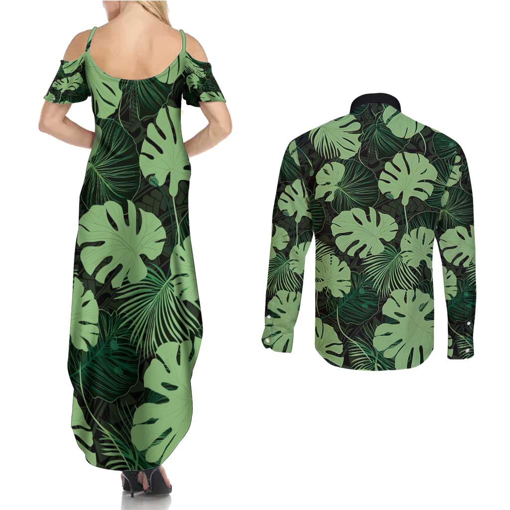 Green Hawaii Kukui Nut Lei Couples Matching Summer Maxi Dress and Long Sleeve Button Shirt Hawaiian Pattern Monstera Tropical Vibes - Polynesian Pride