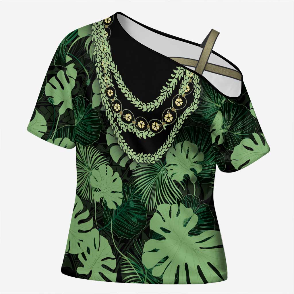 Green Hawaii Kukui Nut Lei Cross Shoulder Shirt Hawaiian Pattern Monstera Tropical Vibes LT14 Female Green - Polynesian Pride