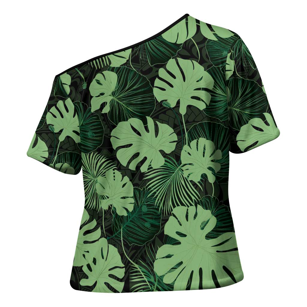 Green Hawaii Kukui Nut Lei Cross Shoulder Shirt Hawaiian Pattern Monstera Tropical Vibes LT14 - Polynesian Pride